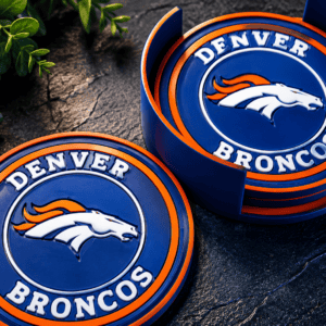 Denver Broncos coaster set with team logo and colors for fans and collectors.
