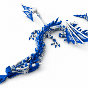 Blue and white robotic dragon model with mechanical details.