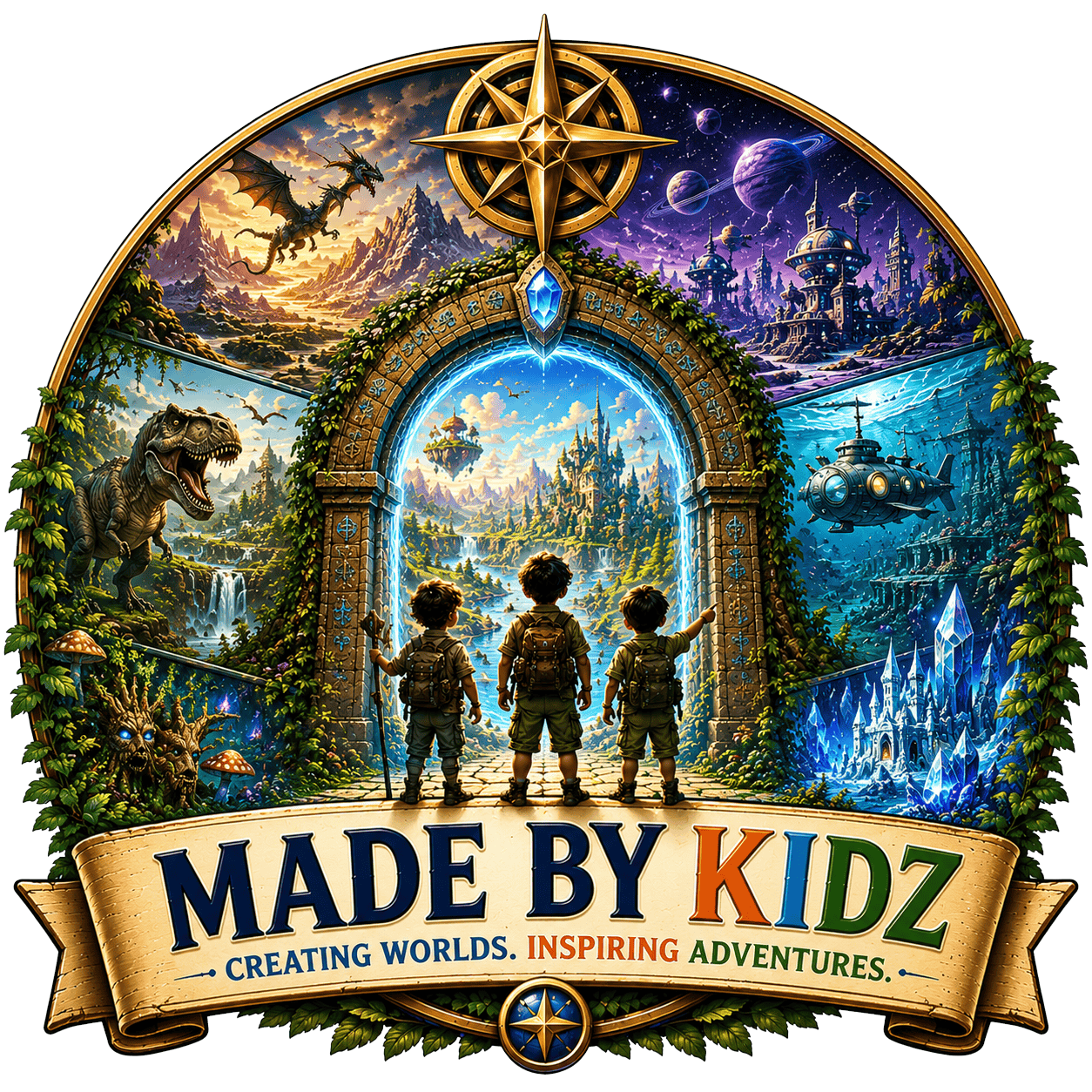 Colorful fantasy adventure scene with kids exploring a magical world.